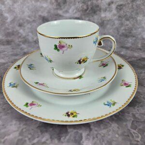 I Godinger & Co 3 Piece Set Cup Saucer Bread Plate Colorful Floral Gold Accents